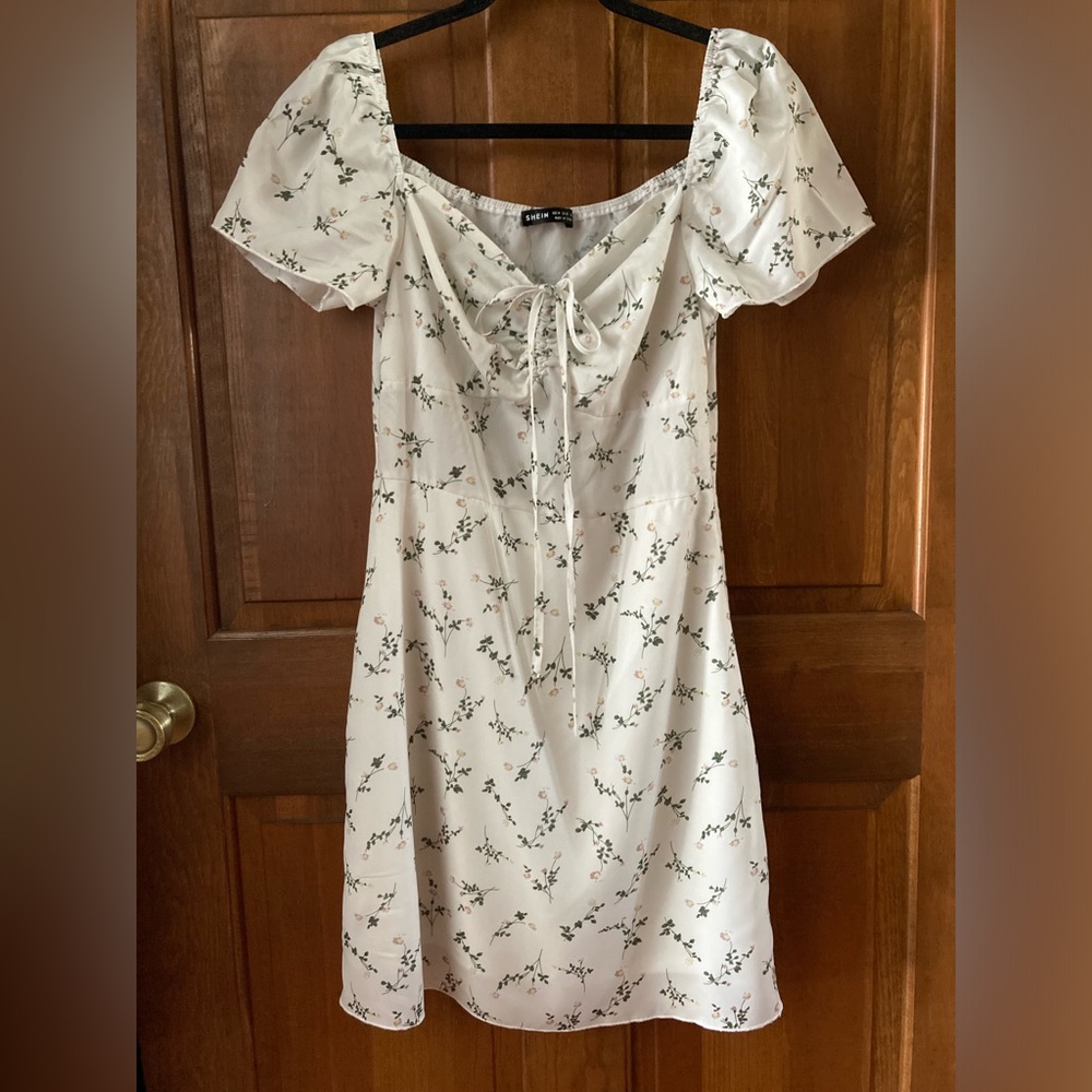 SHEIN White Floral Midi Dress with Green Print